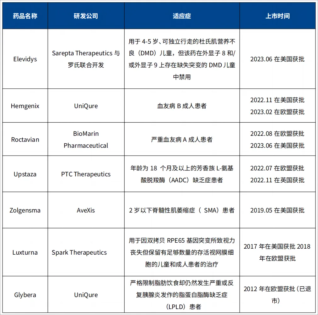 全球已上市 rAAV 基因治疗产品